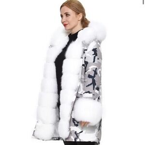 Volare New York Camouflage white fox fur jacket with hood size S NWT
